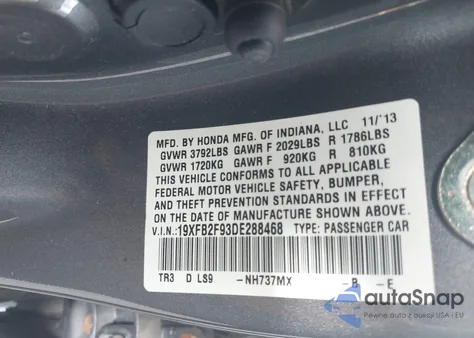 2013 Honda Civic Ex-L from USA, damaged, VIN 19XFB2F93DE288468